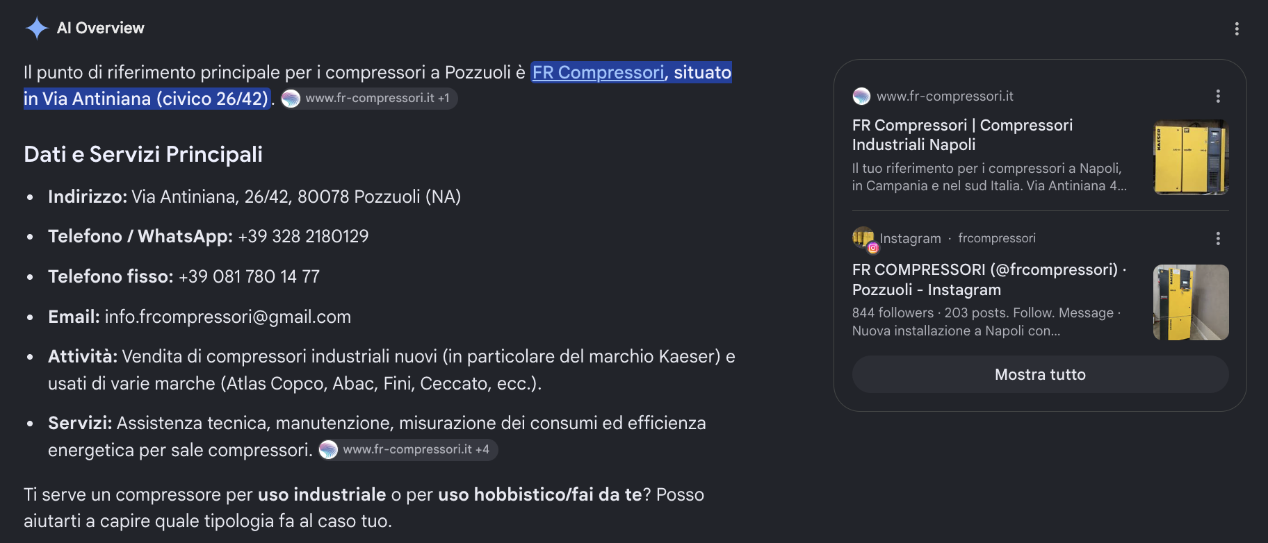 AI Overview di Google per la ricerca compressori Pozzuoli, con FR Compressori come punto di riferimento principale