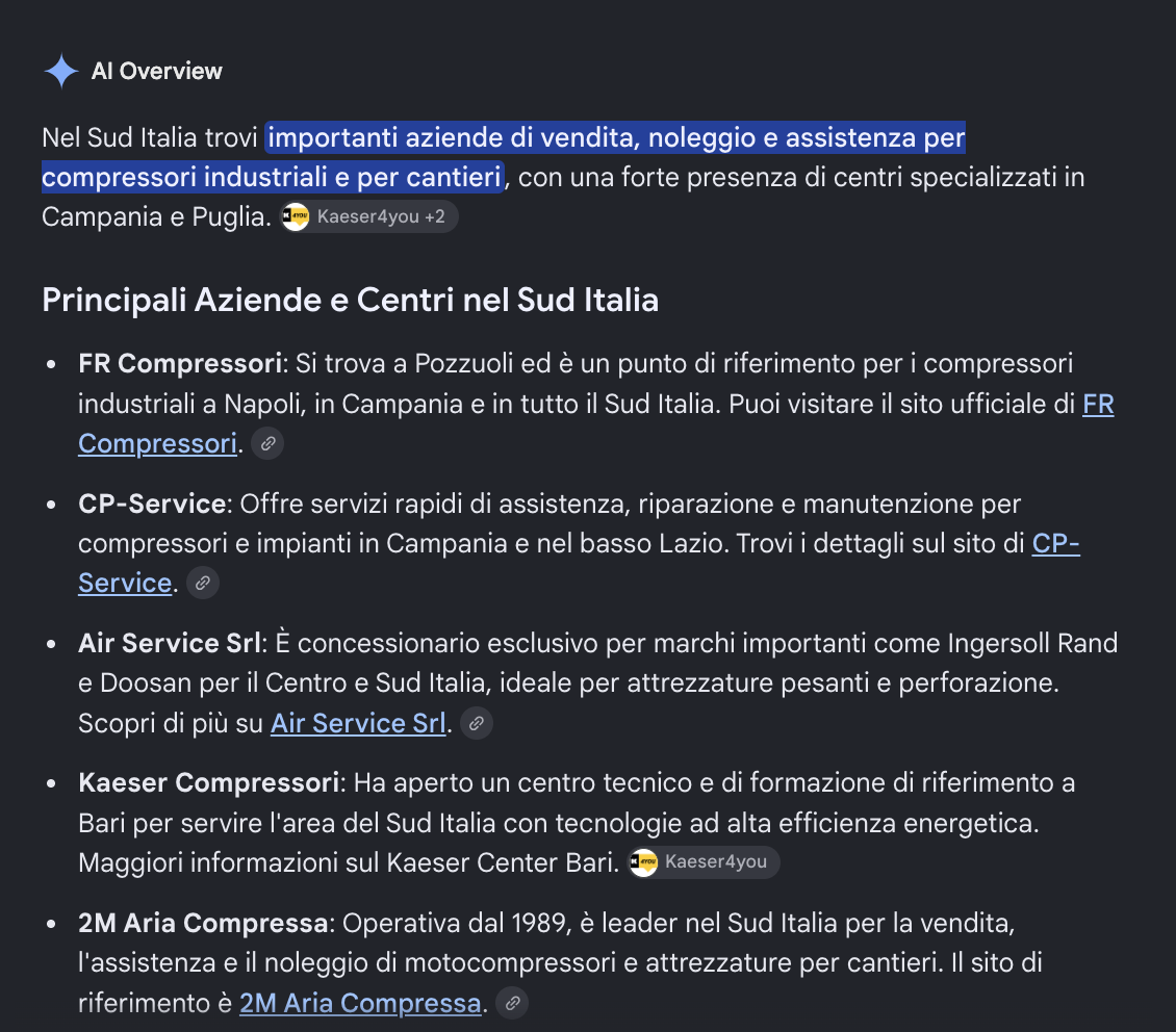 AI Overview di Google per la ricerca compressori industriali Sud Italia, con FR Compressori citata per prima