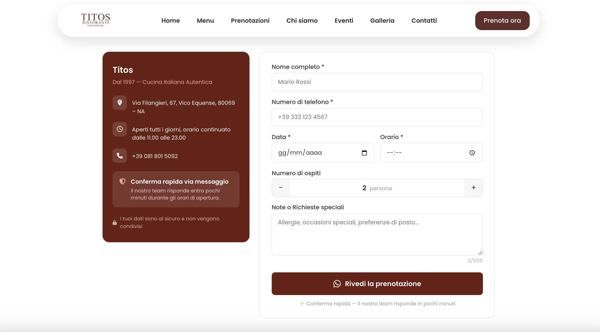Sezione prenotazione WhatsApp – Ristorante Titos